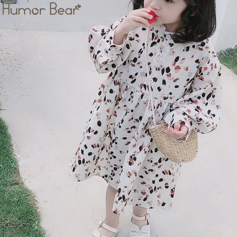 beige Humor Bear/Новинка года; платье для девочек; платье с длинными рукавами и цветочным принтом; осеннее однобортное платье принцессы с круглым вырезом - Цвет: beige