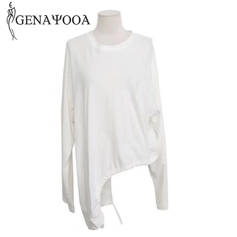 

Genayooa Causal T Shirt For Women Cotton L Long Sleeve O Neck Oversized T Shirt Loose Drawstring Irregular Tops Ladies Korean