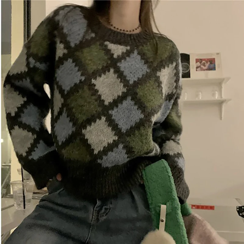 

Женский трикотажный свитер в клетку, с длинным рукавом