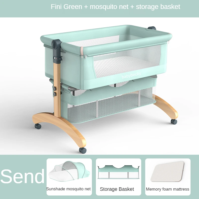 Baby Crib Portable Movable Foldable Solid Wood Cradle Bed Multifunctional Baby Stitching Big Bed