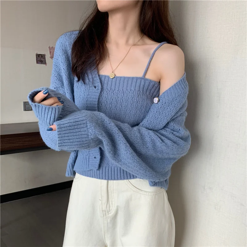 

New Fashion Sexy Two-piece Suit Slim Camisole Korean Solid Knitted Sling Round Neck Knitted Cardigan Two-piece Set Women