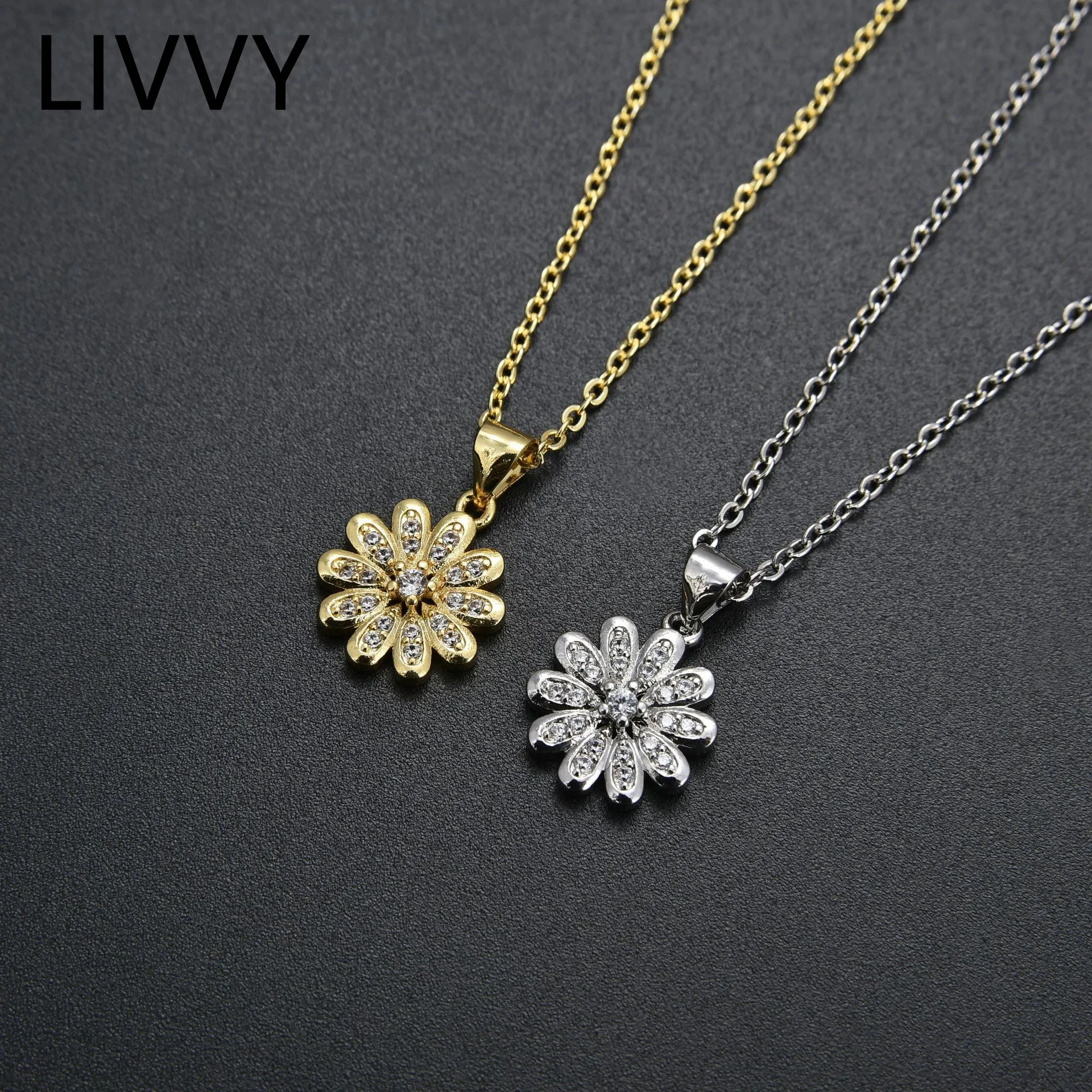 

LIVVY Silver Color New Style Inlaid Zircon Flower Pendant Necklace For Women Trend Fine Daisy Sweater Chain Jewelry Gifts