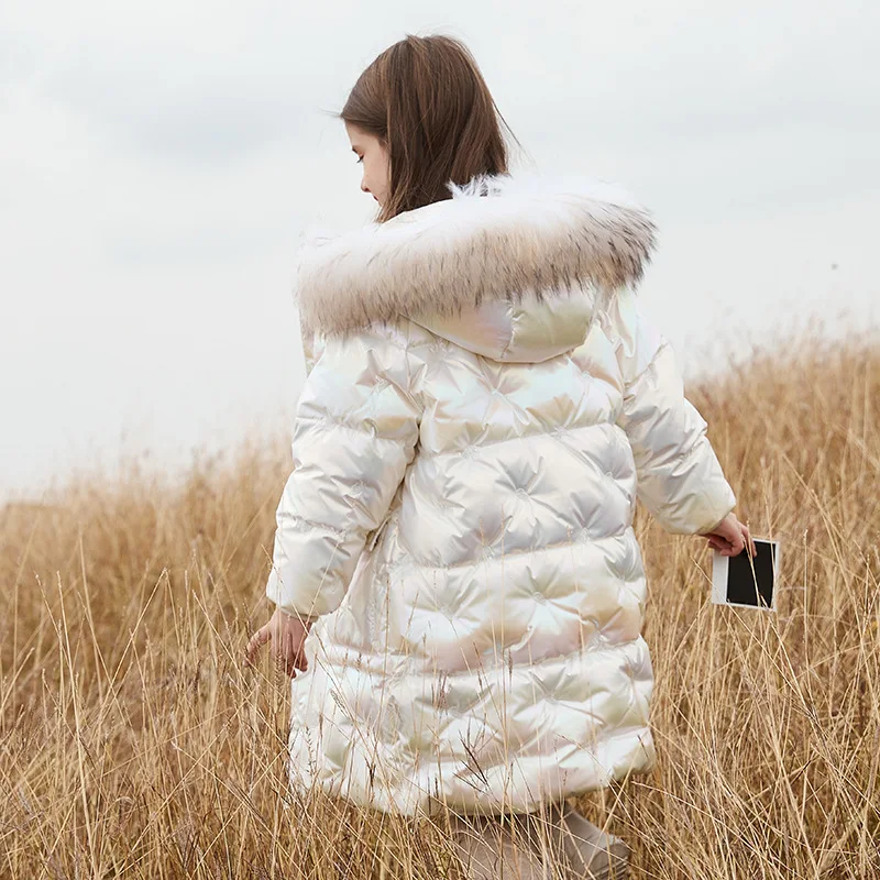 Детский пуховик на 90% белом утином пуху одежда для девочек длинное плотное