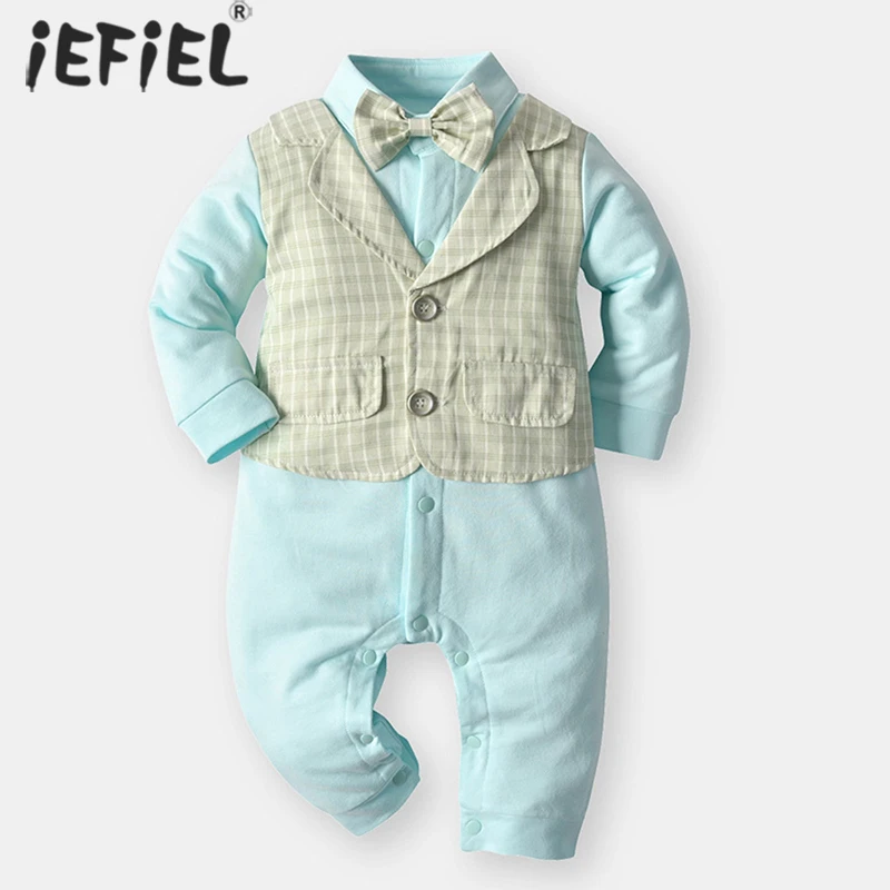 

Newborn Baby Boy 1st Birthday Clothing Toddler Kids Romper Short Sleeve Gentleman Cotton Jumpsuit 0-2yrs Baby Baptism Costume