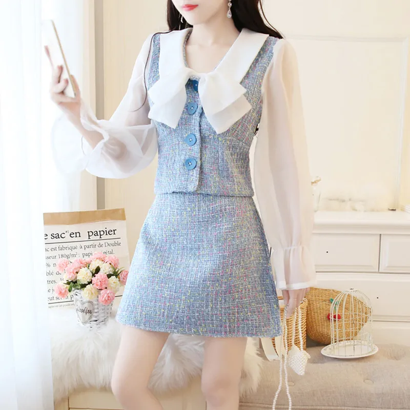 blue SWEETXUE женский элегантный повседневный костюм из двух частей двухслойный кукольный воротник твидовый топ с бантом+ юбка осень зима шикарный Милый Женский комплект - Цвет: blue