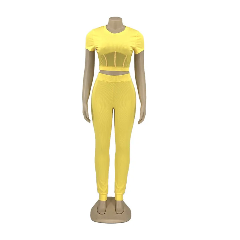 

2021 Two Piece Sets Women Solid Pants Set Summer Tracksuits High Waist Stretchy Short Sleeve Tops and Leggings Matching Outfits