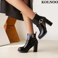 kolnoo 2022 new eurolish handmade ladies chunky heel boots buckle chains patent leather ankle boots 3 color fashion winter shoes
