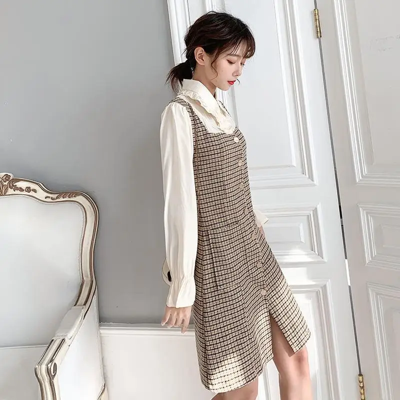 

Women 2020 Autumn Winter Vintage Patchwork Plaid Dresses Female Sheath Pockets Dress Ladies Butterfly Sleeve Empire Dress P193