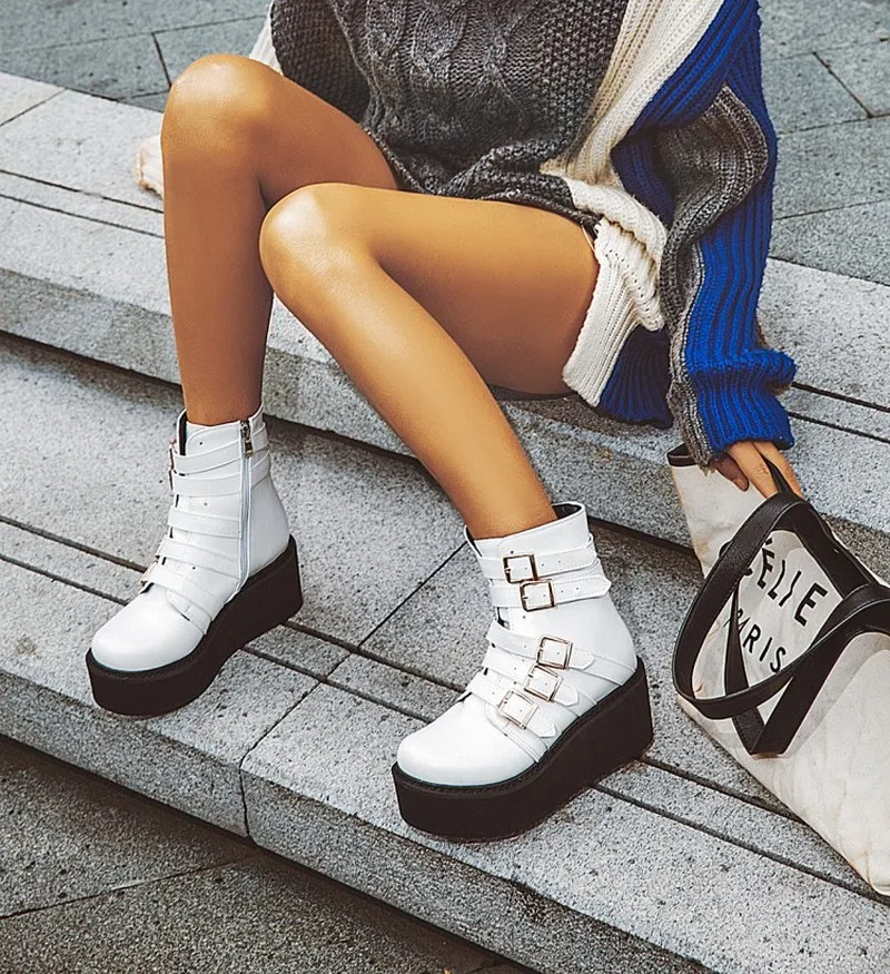 US4-13 женские ботильоны с круглым носком на платформах ремешками и пряжкой обувь в