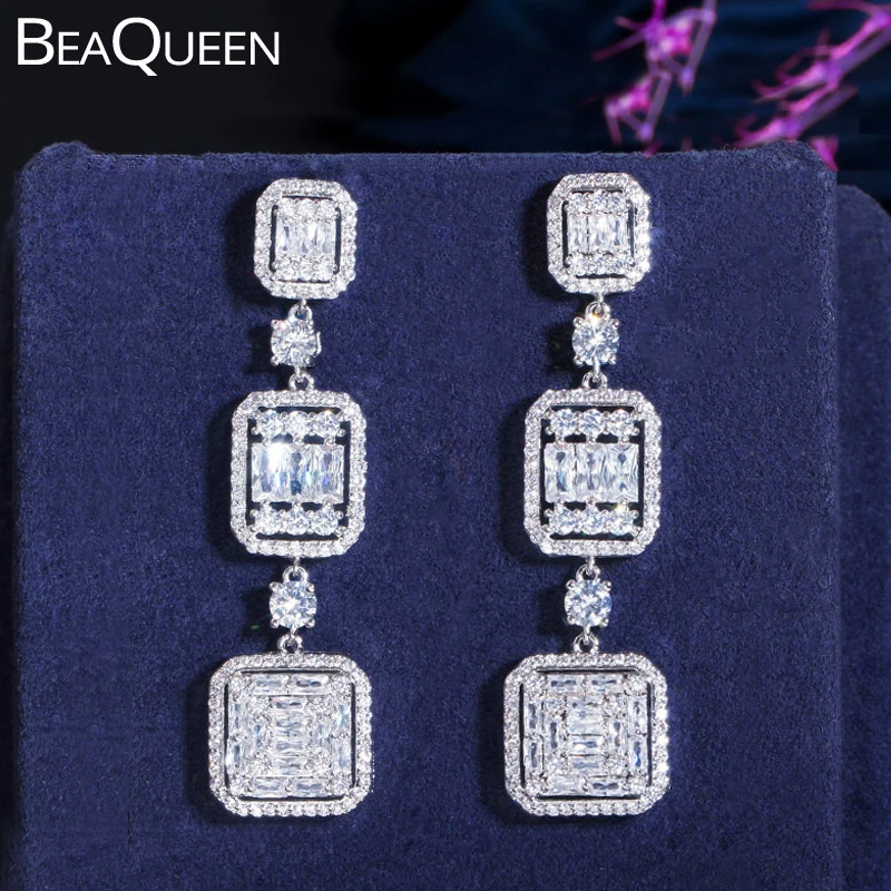 

BeaQueen Brilliant Baguette CZ Crystal Micro Pave Cubic Zircon Long Square Drop Hanging Earrings Wedding Jewelry for Women E380