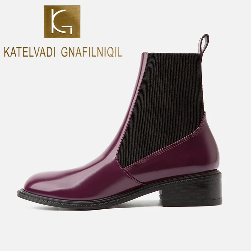 KATELVADI Winter Boots Women 2019 Rose Purple Ankle For Thick Heel Slip On Ladies Shoes Chelse K-522 | Обувь