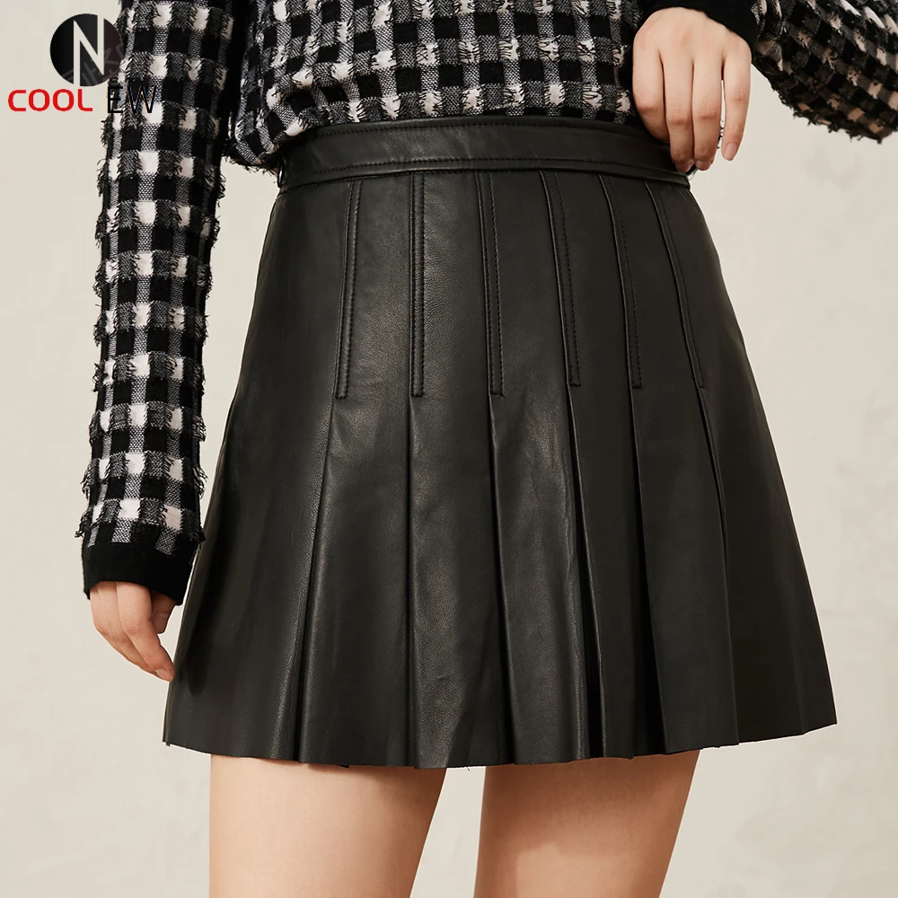 

Genuine leather skirt 2021 new fashion style real sheep skin leather mini Pleated skirt