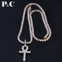 men women copper hip hop iced out ankh cross pendant tennis chain cz egyptian key of life pendantnecklace jewelry gift