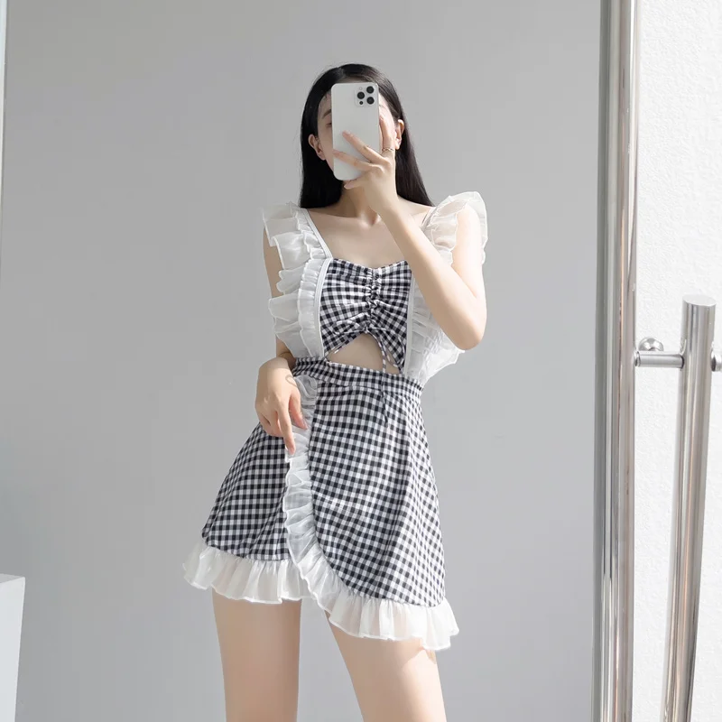 

Women Open Back Swimwear Retro Ruffle One Piece Bathsuit Sexy Hollow Out Bandage Beachwear Ruched Push Up Padded Swimdress