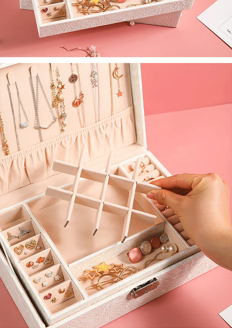 

2021New double volume jewelry storage box jewelry box earrings stud earrings ring necklace hand jewelry storage box jewerly box