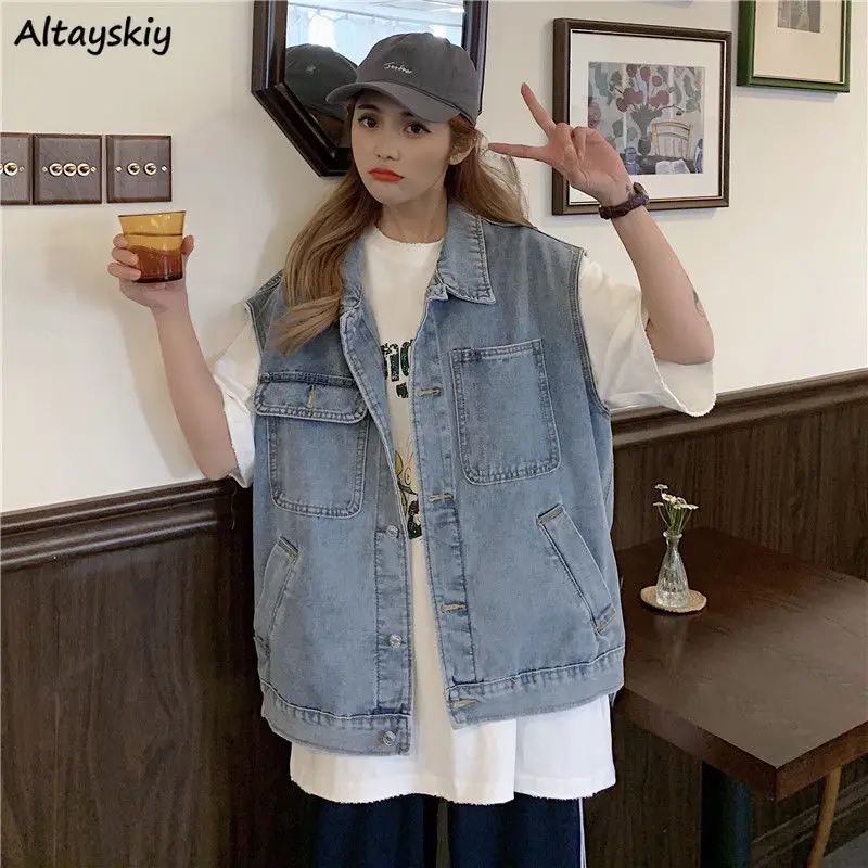 

Denim Vests Women Solid Outwear Retro Vintage Loose Ins Korean Fashion Chic Daily Streetwear Students Simple Spring Harajuku