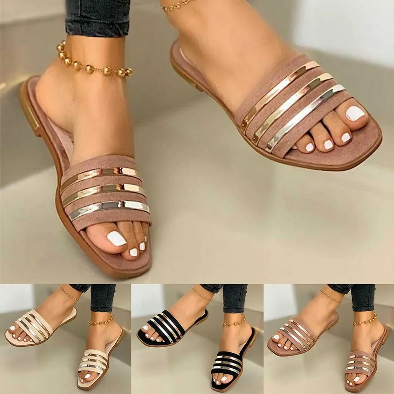 

Ladies Fashion Summer Open Toe Square Toe Flat Slippers Beach Shoes women elegant sandals shoes for women 2021 sandals summer