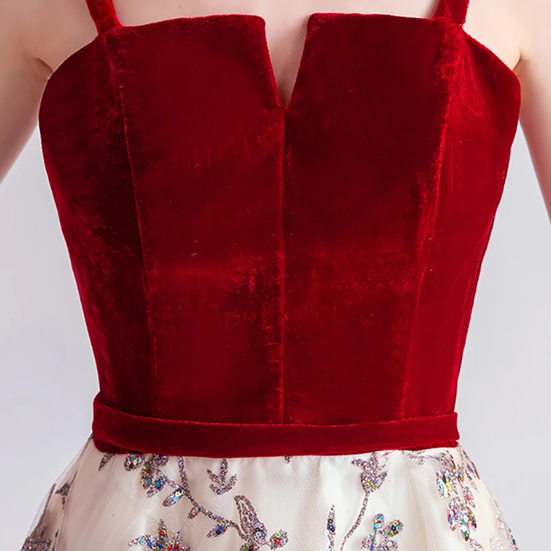 

Luxury Burgundy Evening Dress Illusion A-Line Strapless Spaghetti Strap Pleat Floor-Length Sequined Women Formal Dresses TS433