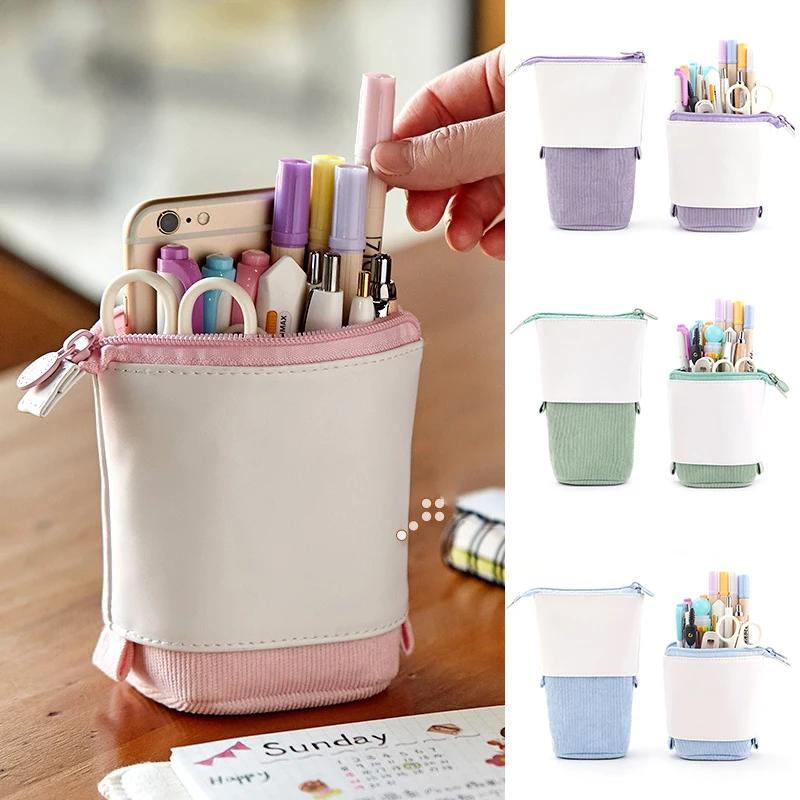 

Pop-up Pencil Case Telescopic Holder Stationery Case Pencil Bags PU Corduroy Stand-up Transformer Bag Large Capacity Gift Kids