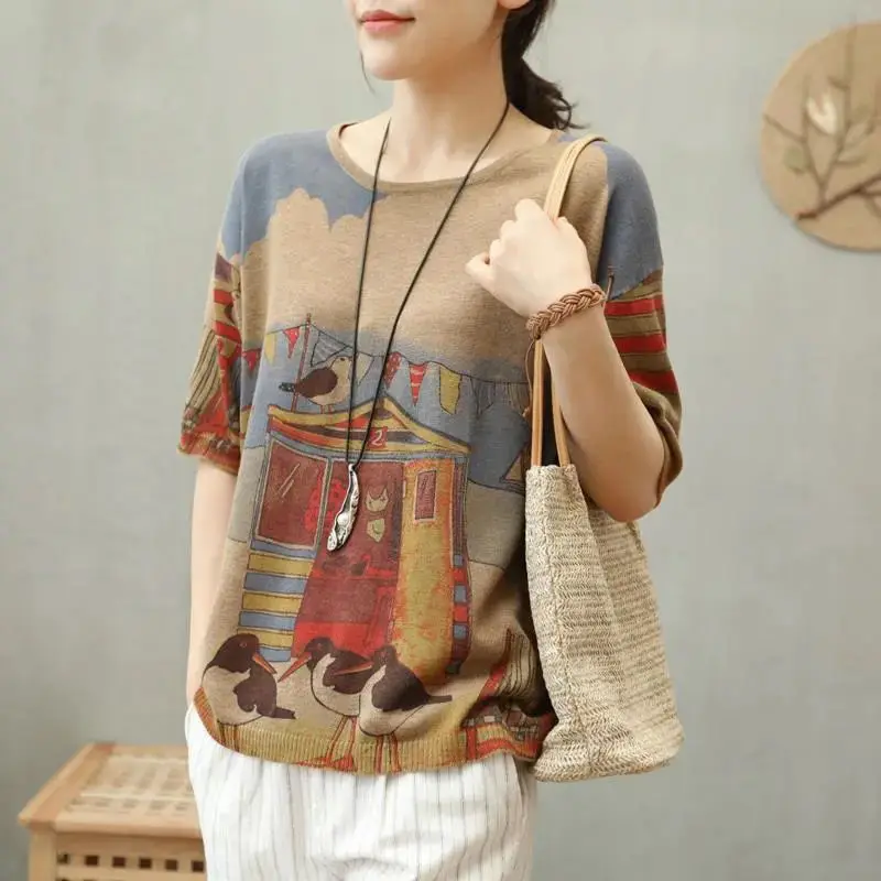 

2021 spring and summer original art retro round neck short-sleeved t-shirt women loose printed half-sleeved T-shirt casual top