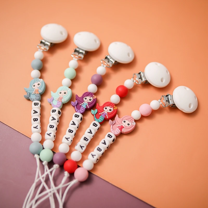 

1Pc Baby Silicone Pacifier Chain Cartoon Mermaid Personalized Name Silicone Beads Newborn Teething Toys Infant Chews Birth Gift