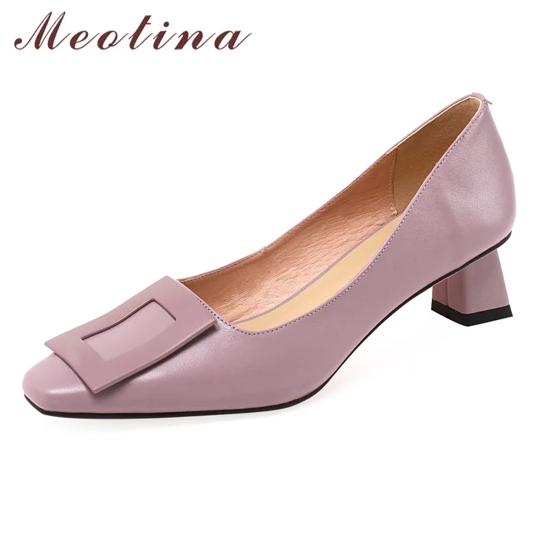 

Meotina Shoes Women Cow Leather Mid Heel Pumps Metal Decoration Chunky Heels Elegant Shoes Shallow Female Footwear Purple 40