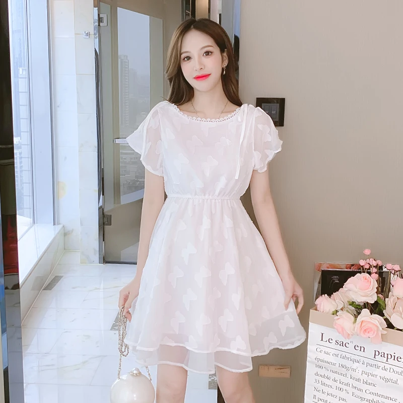 

Off-the-Shoulder Chiffon Fairy Skirt Summer New Style White Short Sleeve Temperamental Minority Super Mori Dress