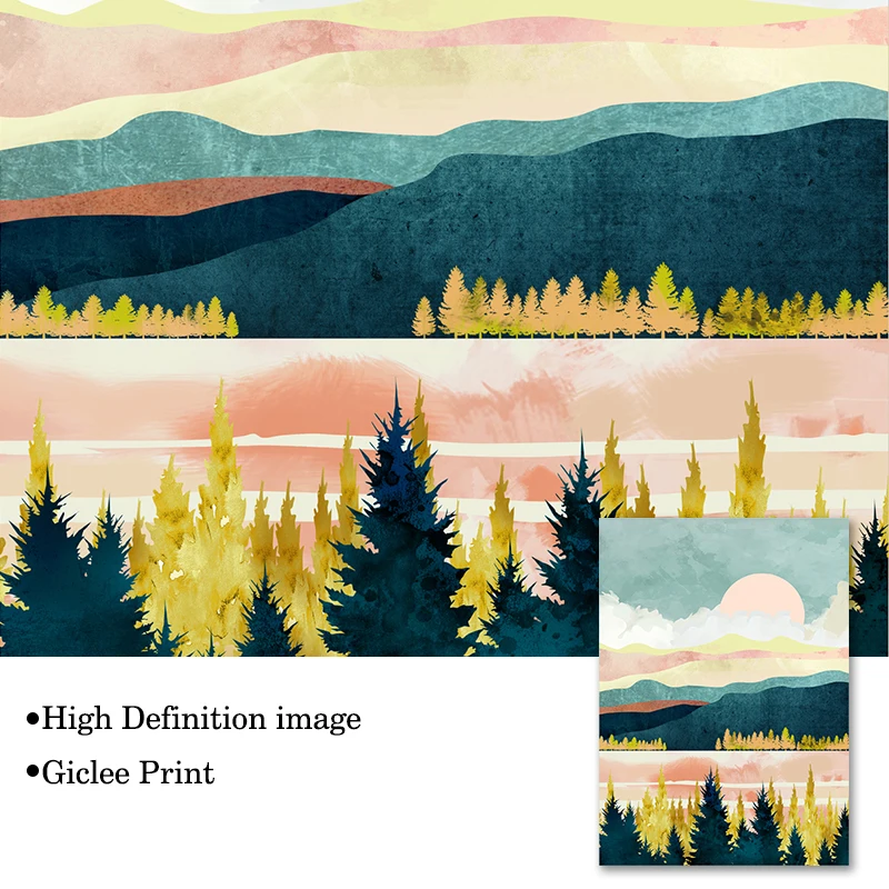 Абстрактный пейзаж холст живопись Постер для дома печать акварель лес закат