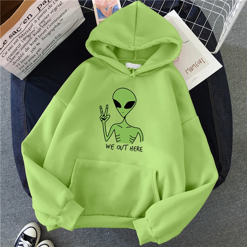 2022 New Green Alien Sweatshirts Girls Winter Fashion Funny Tops Moletom Cute Cartoon Streetwear Women Hoodie Pullover Loose