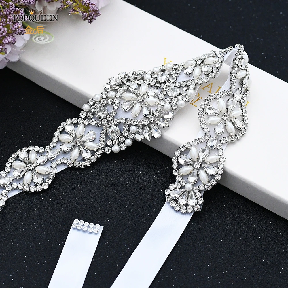 TOPQUEEN S161 Bridal Belts Bling Wedding Women Jewelry Silver Rhinestone Pearl Crystal Sparkly Party Formal Dress Diamond Sash