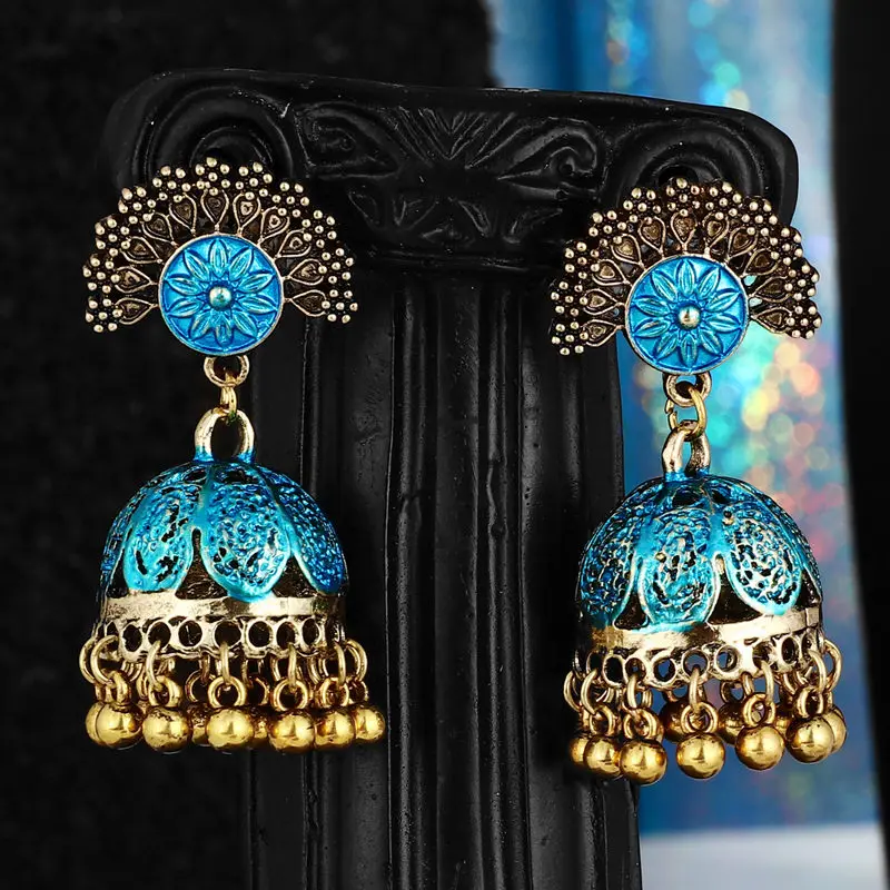 D blue Индийские Jhumka серьги «Слоник» цыганские ювелирные изделия в стиле ретро этнические бусины в античном стиле висячие серьги с кисточками для женщин богемный подарок - Окраска металла: D blue