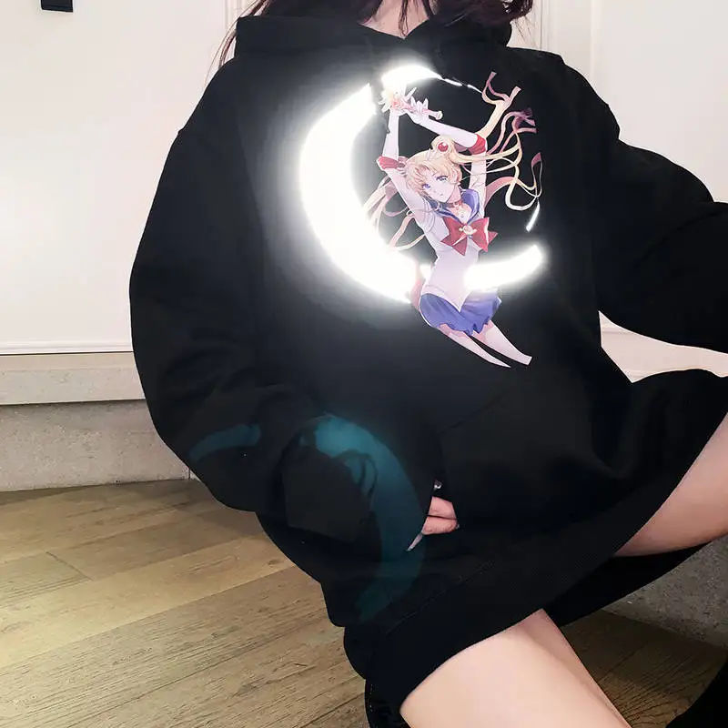 

Harajuku Japanese Cartoon Reflective Print Hoodies Women Punk Oversize Sweatshirt Pullover Streetwear Sailor Moon Hoodie Girl