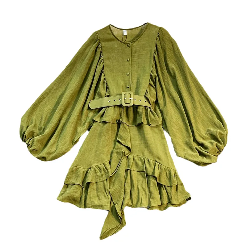

Fashion Round Neck Dress Women 2021 Summer Seaside Holiday Lantern Sleeve Layered Ruffle Waist Loose Fairy Dress Robe Femme