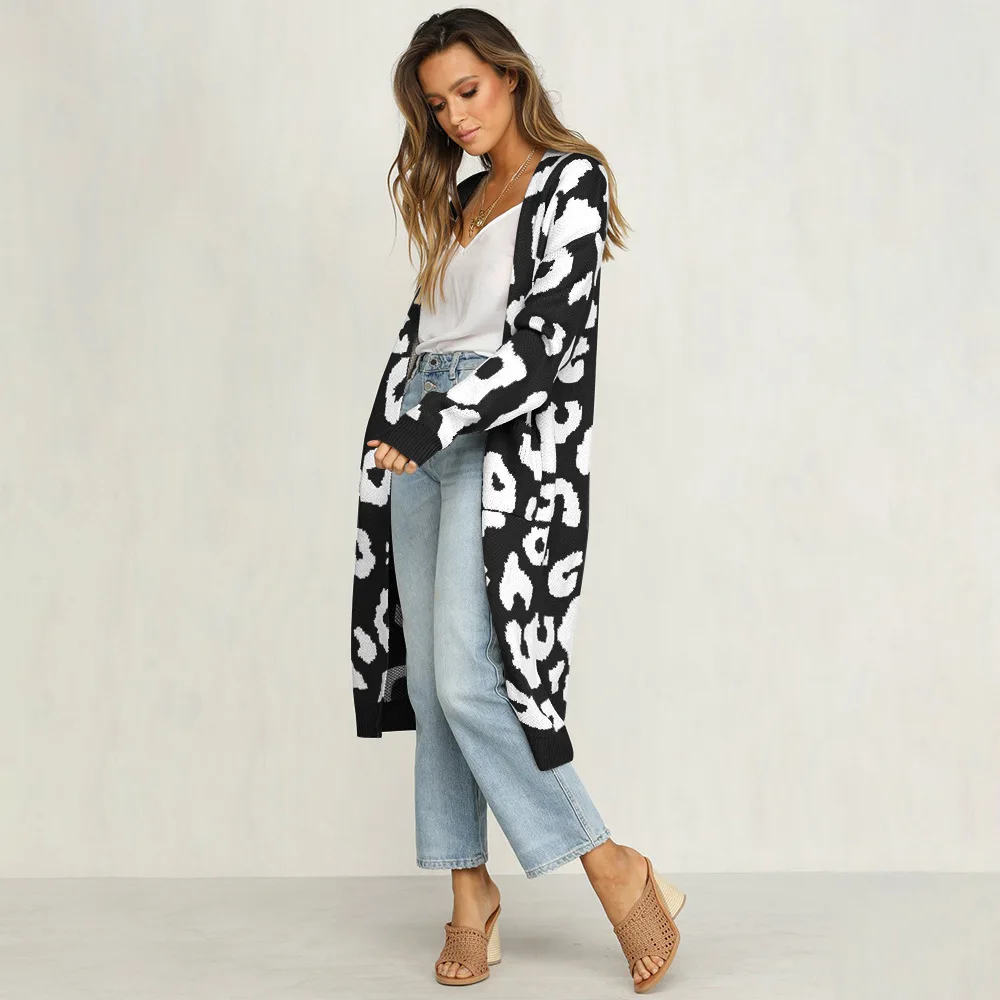 

2021 New Spring and Autumn Leopard Print Knitted Jacket Cardigan Women's Long Sweater