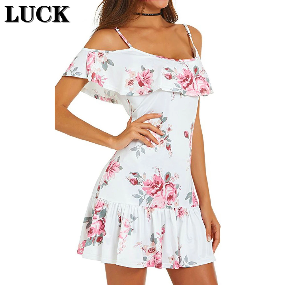LUCK женское сексуальное платье с открытыми плечами цветочным принтом мини на