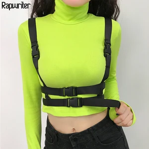 Rapwriter свободного покроя с высоким, плотно облегающим шею воротником с длинными рукавами из эластичной ткани неоновый зеленый Футболка 2020, Женская обувь в стиле пэчворк туфли с пряжкой и ремешком в стиле Харадзюку Топы Femmme