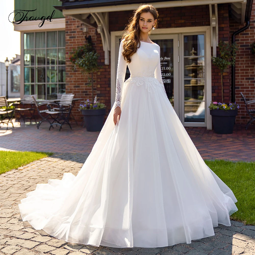 

Traugel Luxury Vestidos De Novia Long Sleeve Muslim Wedding Dresses Luxury Applique Beaded Button Court Train A Line Bridal Gown