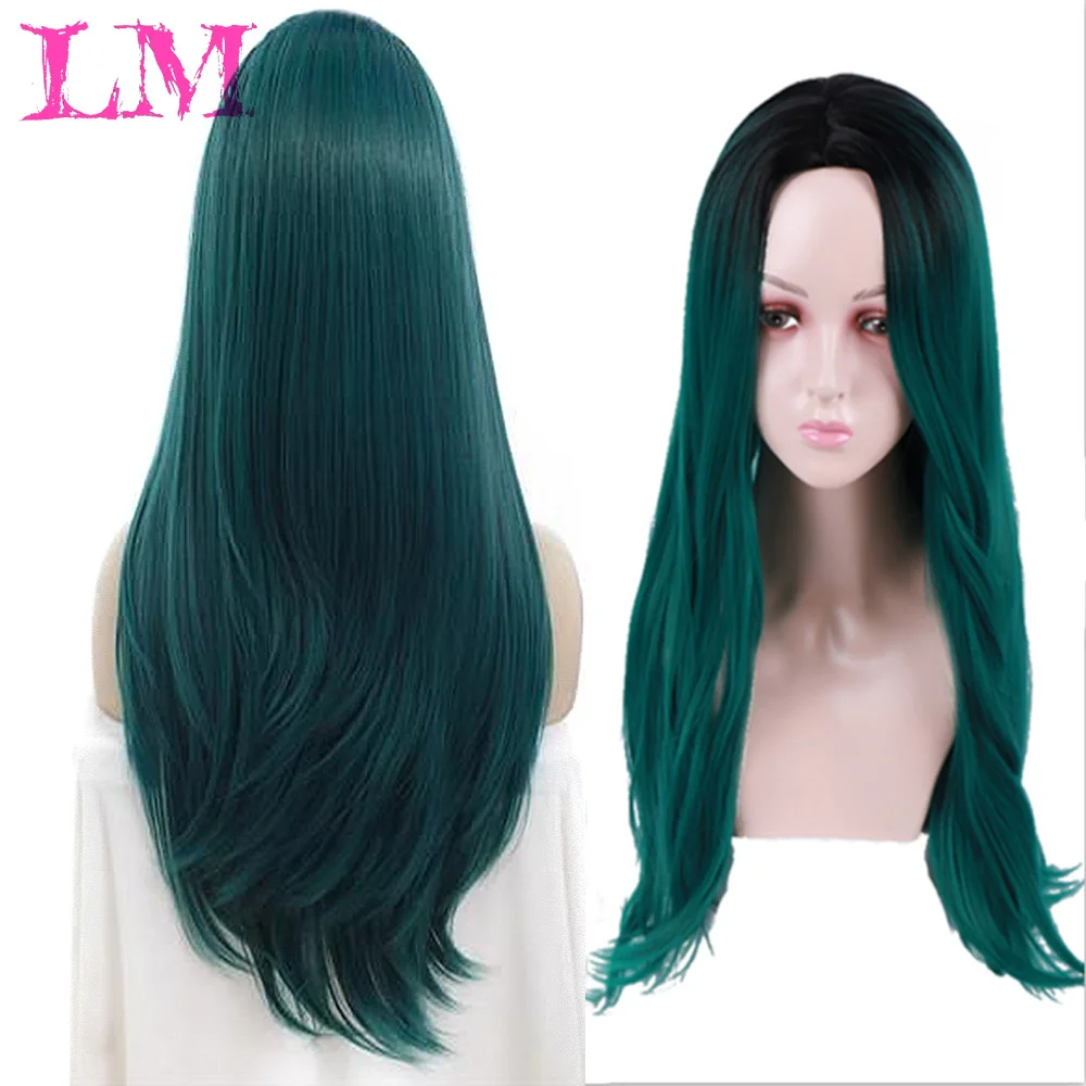 LM Fashion Girl Afro Long Ombre Черный Зеленый косплей Лолита парик без челки синтетические