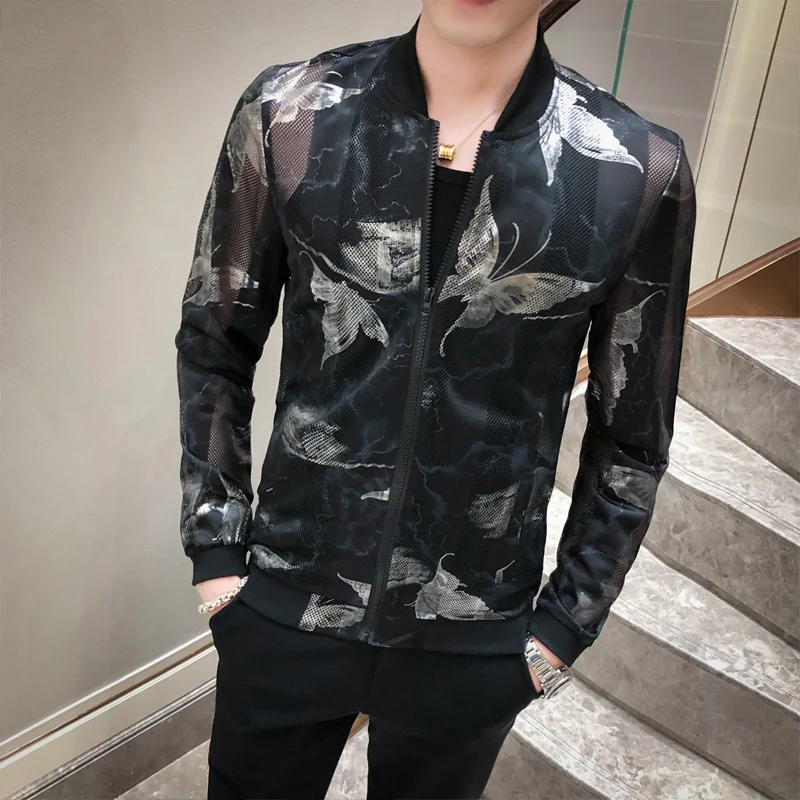 Летняя куртка с цветочным рисунком мужская повседневная бомбер длинным рукавом