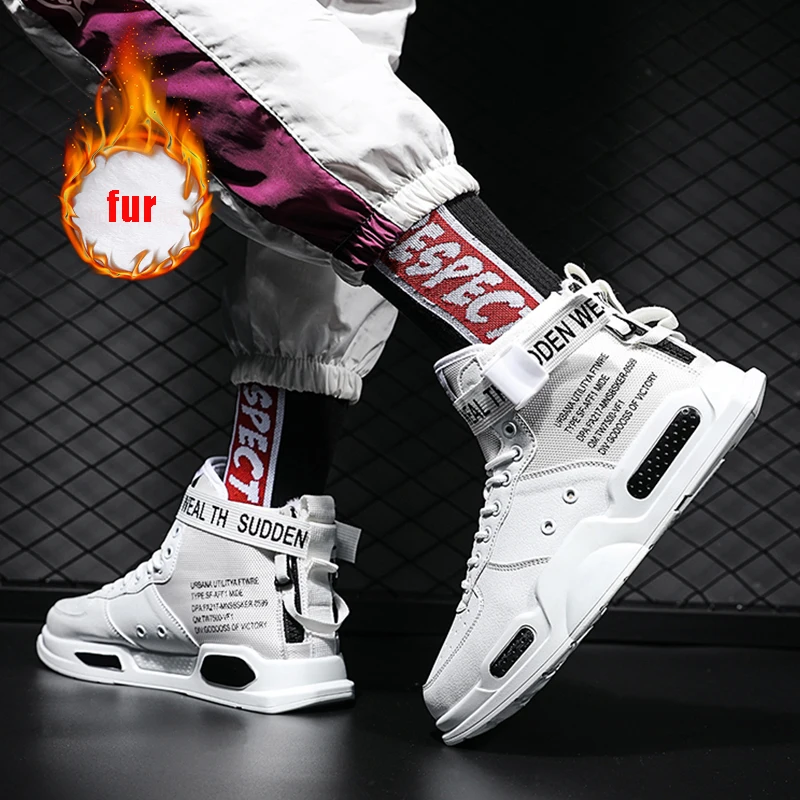 Fur White Black Новые модные мужские кроссовки с высоким берцем, спортивная обувь для мужчин, черная/белая уличная прогулочная спортивная обувь, удобная Size39-45 - Цвет: Fur White Black