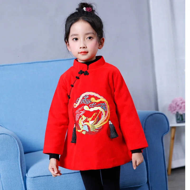 

2019 Chinese Style Girls Fashion Dress Winter Warm Long-sleeved Girl Dress Embroidered Children's Clothing k1