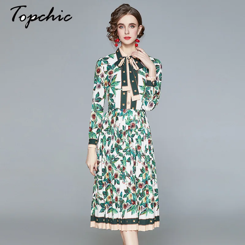 

Spring Autumn Runway Dress 2021 Elegant Bow Long Sleeve Green Floral Printed Midi Dresses For Women Vestido De Mujer