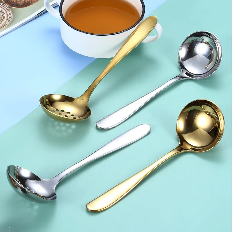 

Stainless Steel Spoons Long Handle Cooking Colander Gold Soup Spoon Strainer Scoop for Kitchen Dinner Tableware