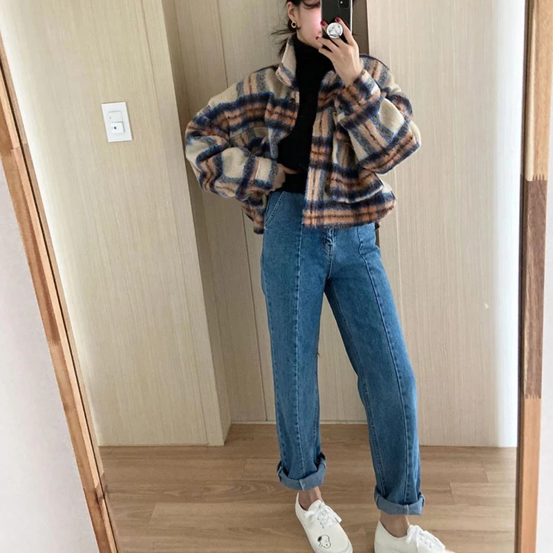 

Tweed Jackets Retro Button Up Plaid Coat Single Breasted Loose Coats Woolen Joker Korea Chic Winter Jacket Women Long Sleeve Top