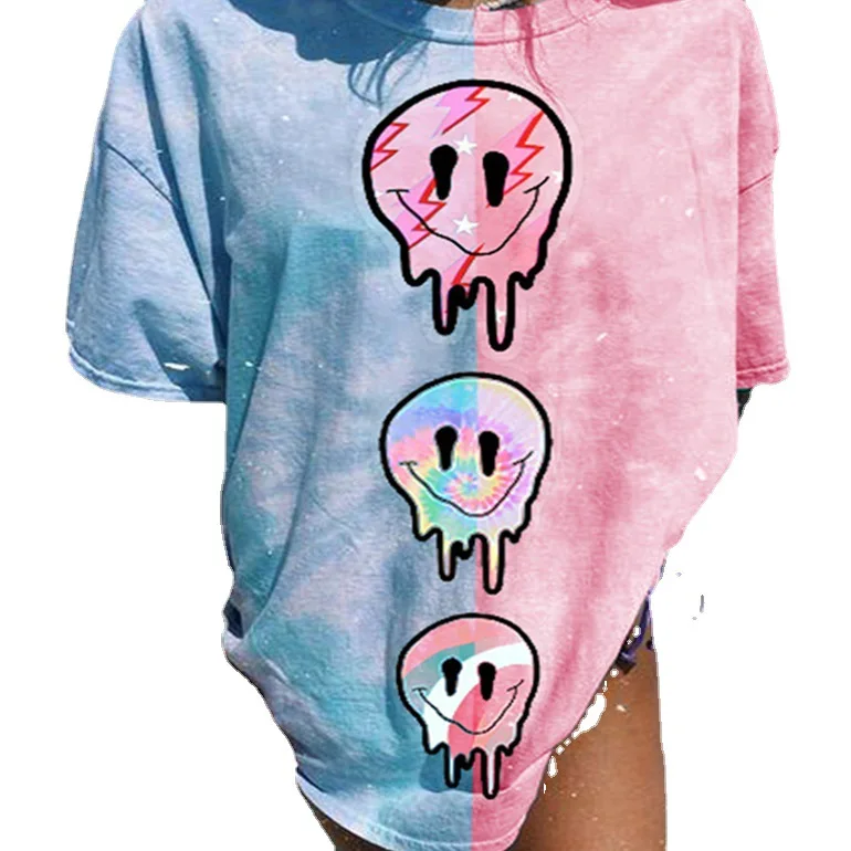

Harajuku Tie Dye Print T Shirts Woman Summer Skull Letter Short Sleeve O Neck Graphic Oversized Casual Loose T-shirt Tees Tops