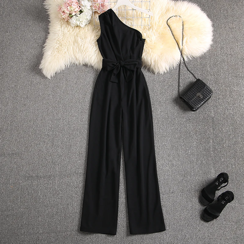 ALPHALMODA Oblique Shoulder Outfit Sashes Solid Color Slim Fit Ladies Elegant Party Jumpsuit Summer Fashion Rompers | Женская одежда