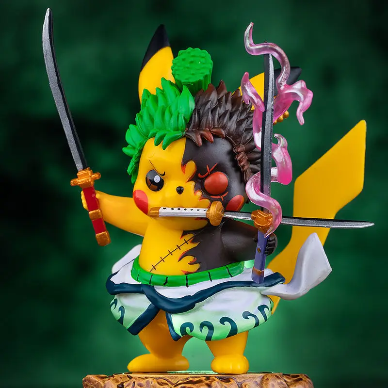 

POKEMON x OP 13cm Anime Character Pikachu Cosplay Roronoa Zoro Yan Mo PVC Model Hot Kawaii Children's Toy Room Decoration Doll