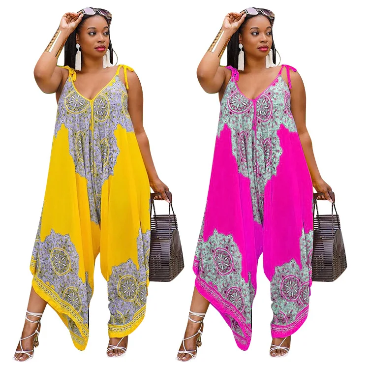 

Bohemian Style Women Plus Size Spaghetti Strap Jumpsuits Charming Sexy V-neck Sleeveless Backless Loose 2021 Summer Rompers