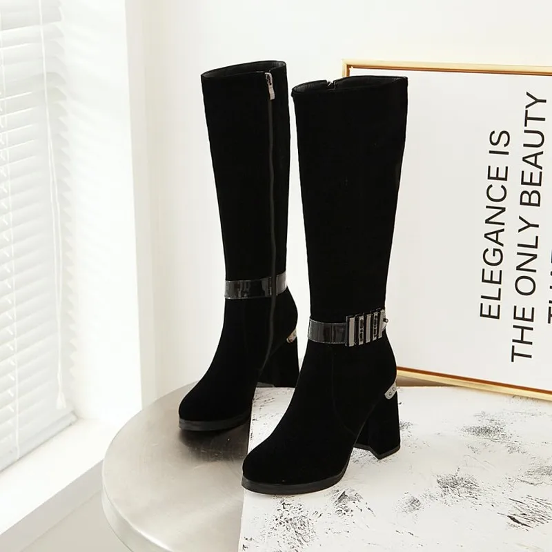 

Women's Boots Autumn and Winter The New Fashion Round Head Zipper Thick Heel High Heel Long Boots Women's Shoes Size 33-43