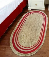 Rug 100%Natural Jute Braided Reversible 2x4 Feet Oval Rug Jute color Red stripes Modern Area Carpet Rug